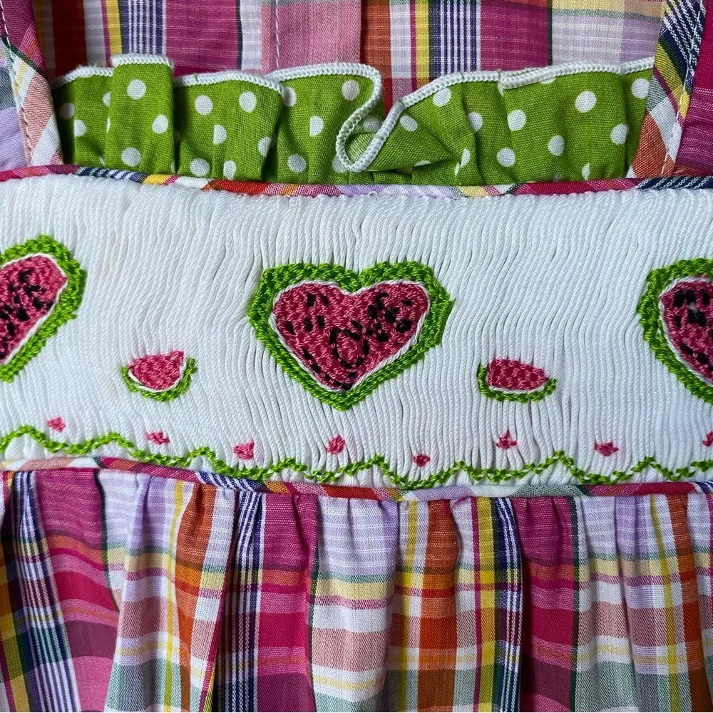 Smocked Dress 2T NWT New Pink Green Plaid Hearts Love 100% Cotton Polka Dots